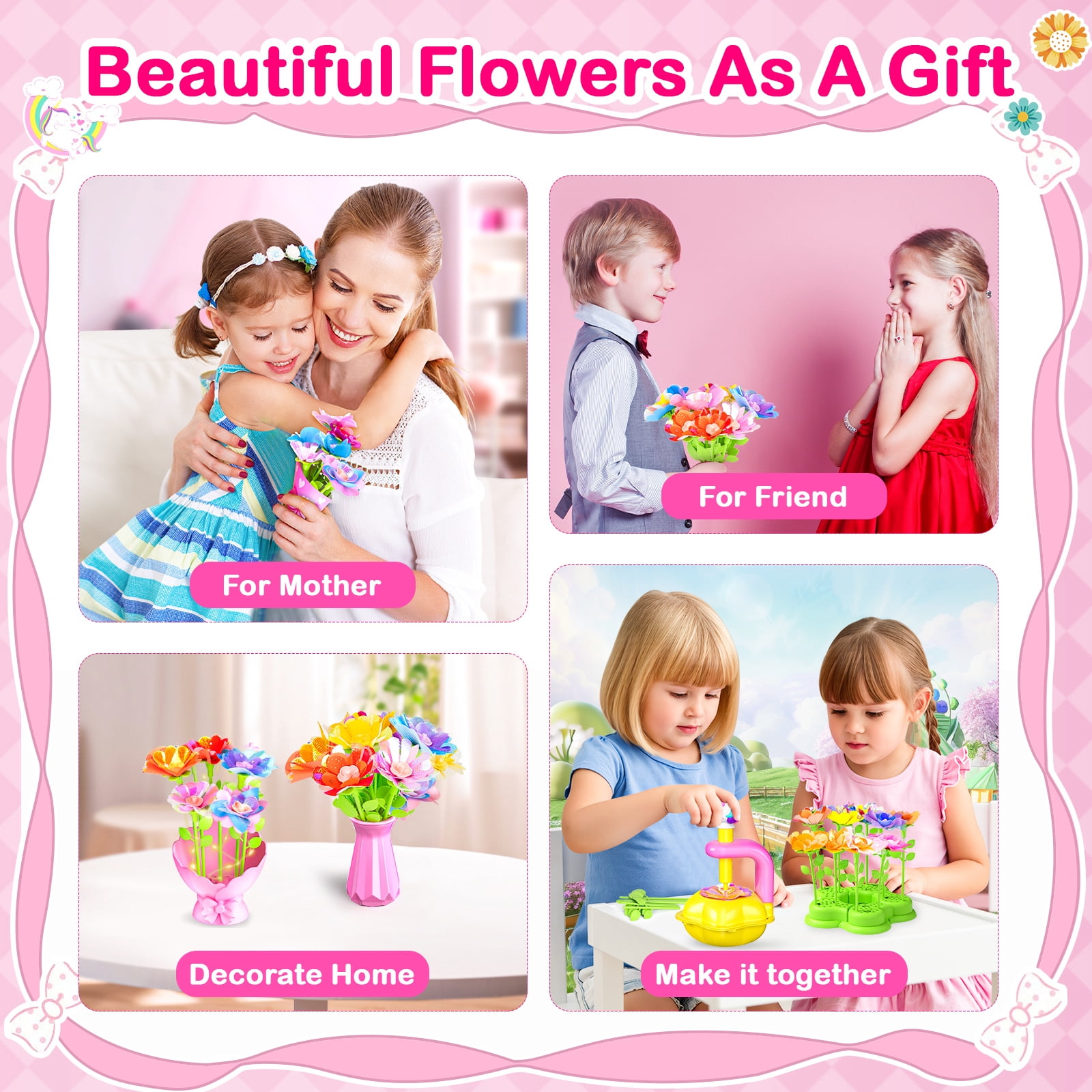 HXFOU DIY Unicorn Craft Kit for Girls Ages 3-12, Girls Flower Making Kit with Lighted Vase, DIY Fabric Flower Bouquet Arts and Crafts Set, Unicorn Gifts for Girls, Pink