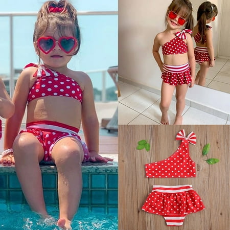 

CHGBMOK Summer Toddler Swimsuit Kid Baby Girl Vest Dot Bow Swimwear+Swimming Trunks Two-Piece Set