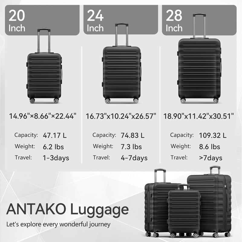 Luggage Sets 3 Piece Hardside with Spinner Wheels 60%PC ABS Suitcase with TSA Lock 20 24 28 inch Carry on Luggage Black