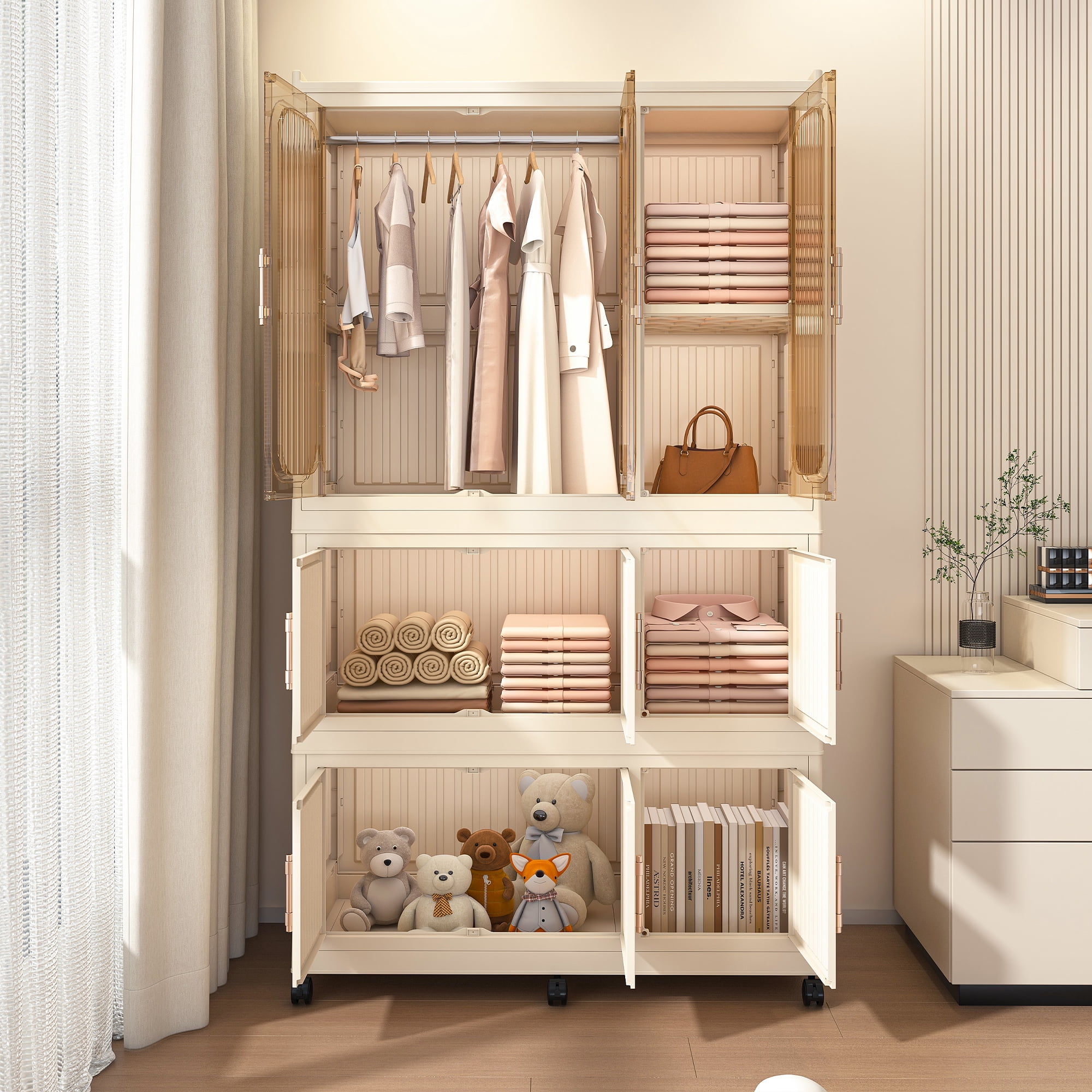 Portable Closet Organizer With Cover - 59x18x69 Inch Wardrobe With 3 Rods & 12 Shelves