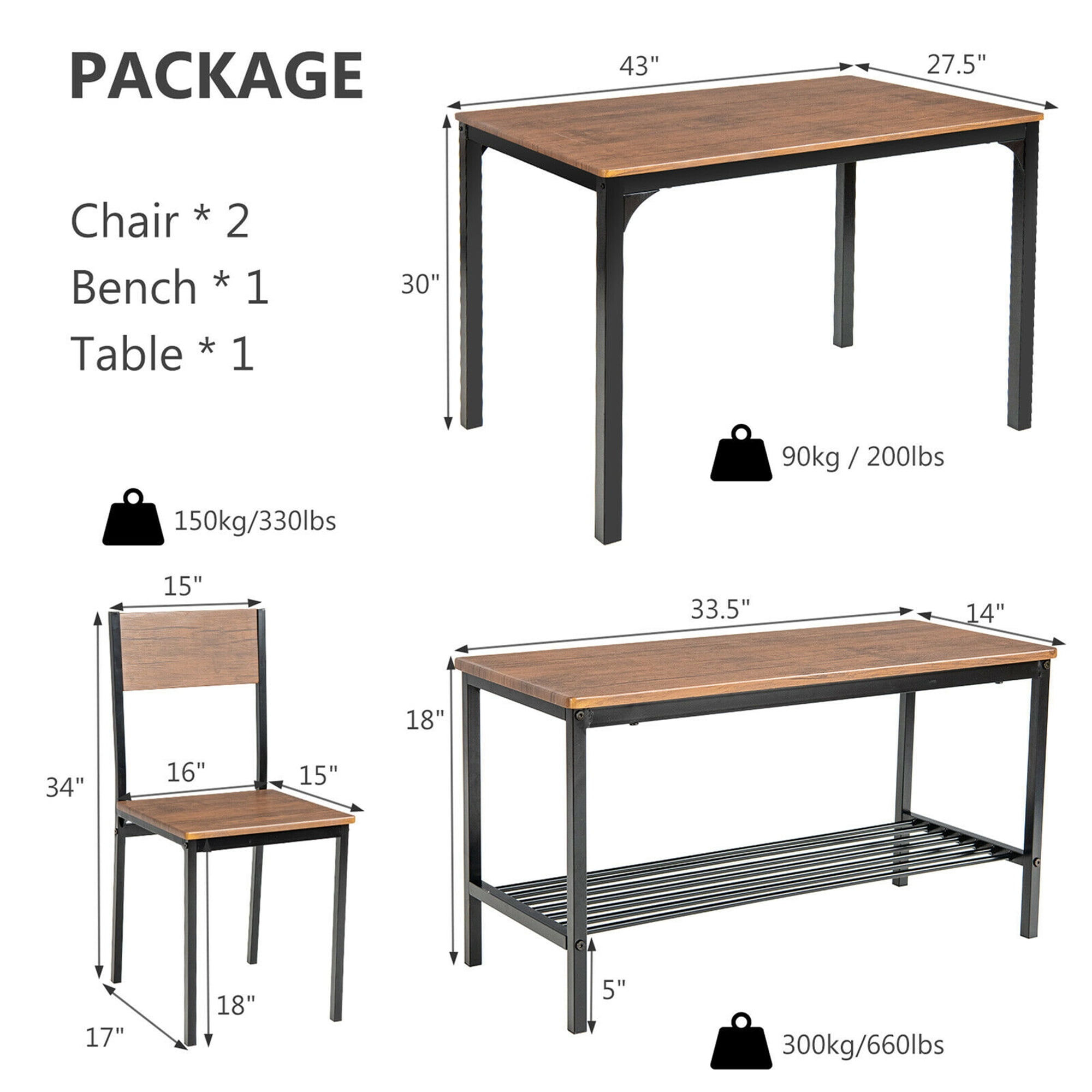 Gymax 4pcs Dining Table Set Rustic Desk 2 Chairs & Bench w/ Storage Rack Brown