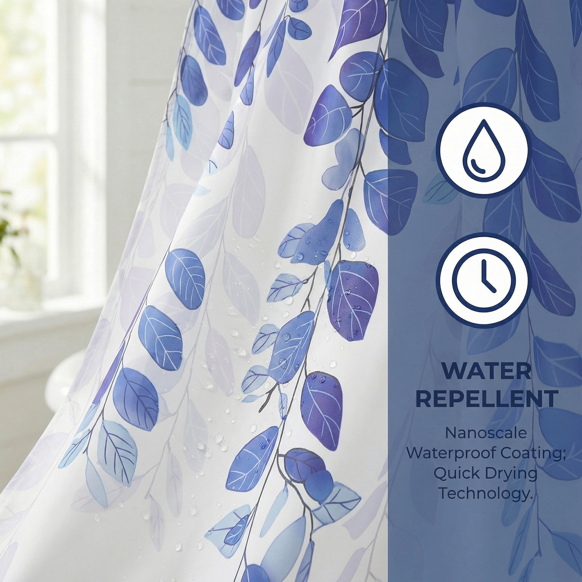 Unique Bargains Waterproof Plant-Print Shower Curtain Set with 12 Hooks Blue 71"W x 71"L