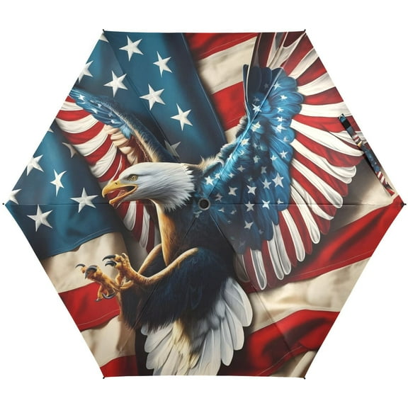 JSTEL American Flag W/ Eagle Folding Umbrella for Rain Sun Travel Mini Lightweight Compact Umbrellas