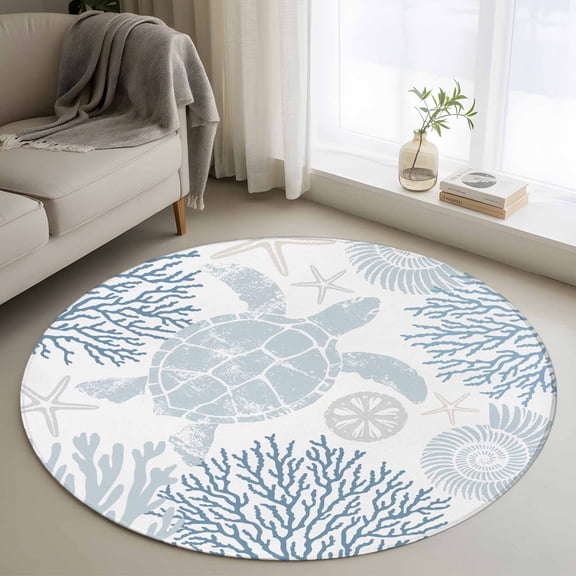 Blue Coastal Turtle Round Rug 3ft Washable Circle Entryway Rugs Non Slip Ocean Coral Nautical Area Rug Indoor Floor Carpet for Bedroom Kitchen Living Room Home Office Dining Room Nursery