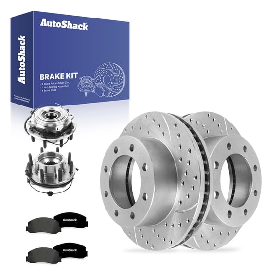 AutoShack Front Vented Drilled Slotted Silver Zinc Coated Brake Rotor   Ceramic Pad   Hub Bearing Assembly 8-PC Kit Replacement for 2008-2009 Ford F-250 Super Duty SilverShield Pro 13.65" (347mm)