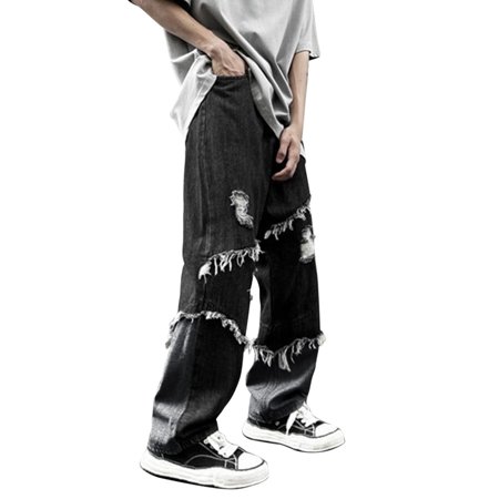 MHFRRA Baggy Jeans Men Men s Style Tassel Jeans Stitching Style Loose Stitching Rough Edge High Street Fashion Casual Jeans Size M