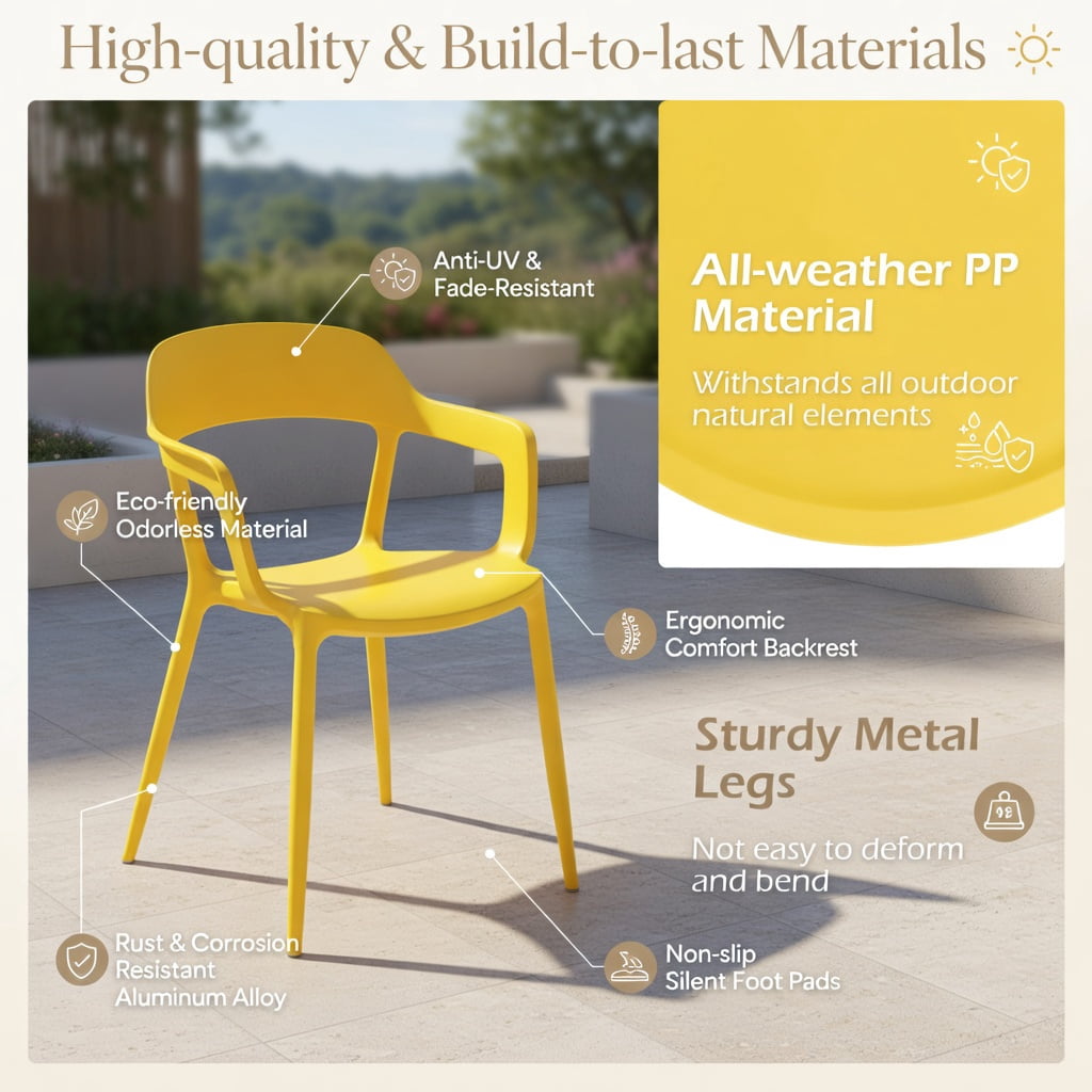 Hommoo 3-Piece Outdoor Patio Chair Set with PP Seat & Coffee Table, Metal Bistro Set for Backyard, Balcony, Poolside, Yellow
