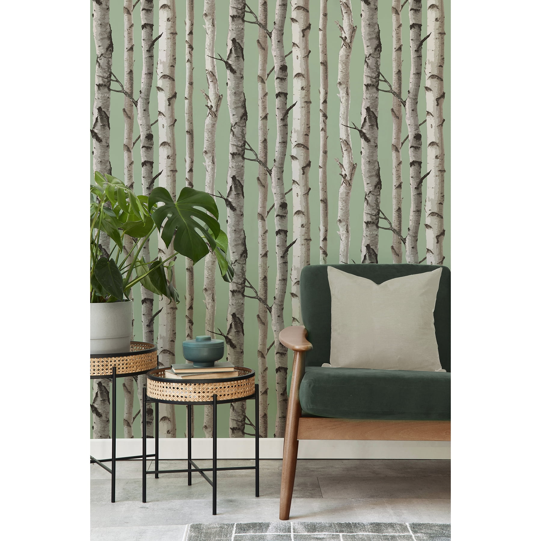 Fine Decor Chester Sage Birch Trees Wallpaper, 20.5-in by 33-ft