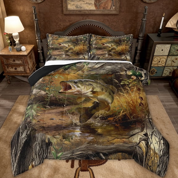 Erosebridal Pike Fish Kids Full Size Comforter Sets, Rustic Fishing Lover Bedding Sets, 3 Pieces