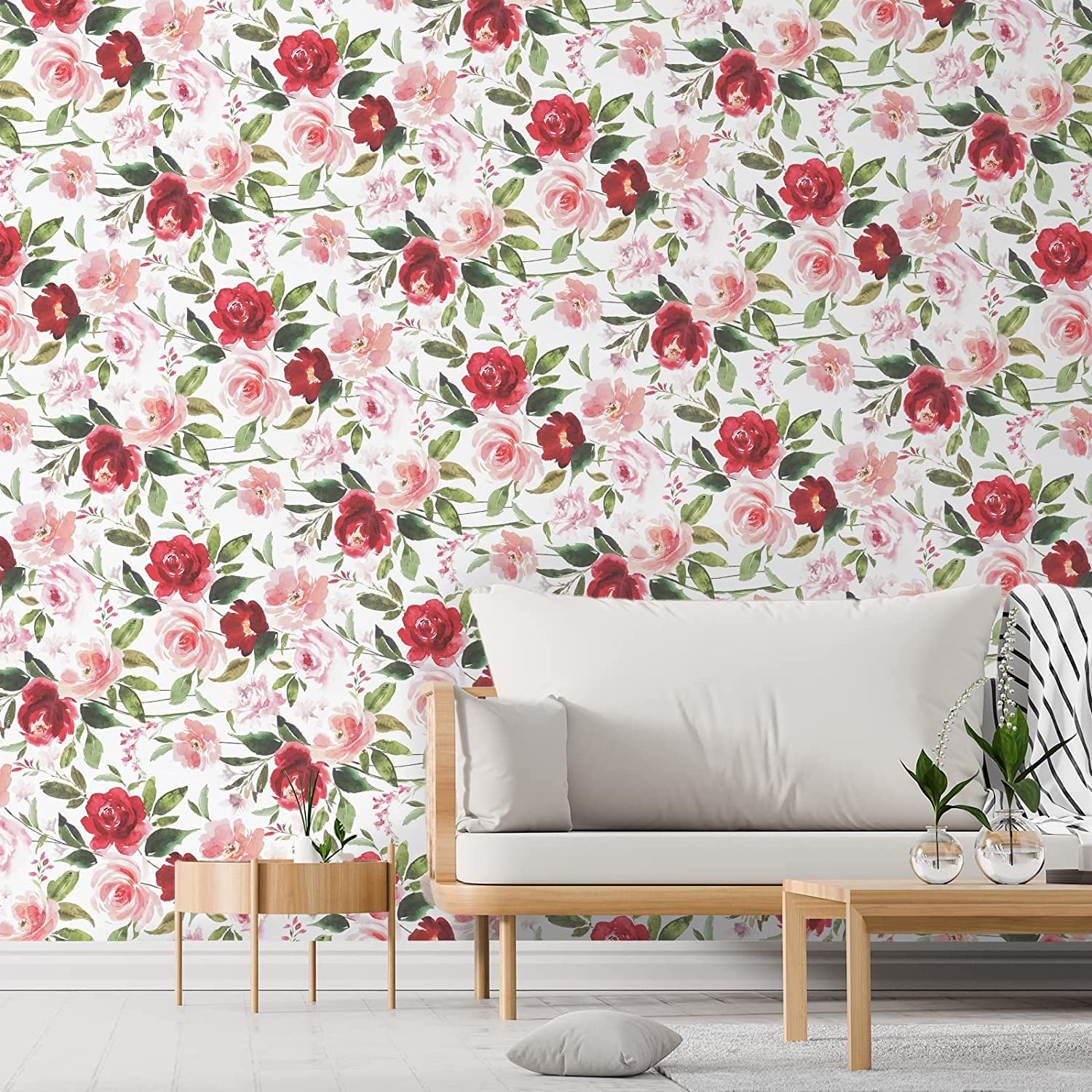 VEELIKE 17.7" x118.1" Vintage Peel and Stick Wallpaper Floral Self-Adhesive Removable Pink Red Rose Floral Wallpaper Vinyl Decorative Leaf Floral Contact Paper for Bedroom Walls Cabinet Nursery Shelf