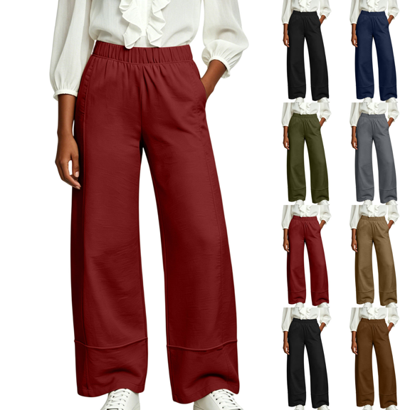 Liuinsasek Women's High Waist Straight Wide-Leg Pants Fashionable Versatile Casual Solid Color Elastic-Waist with Pockets Spring Summer Outfits