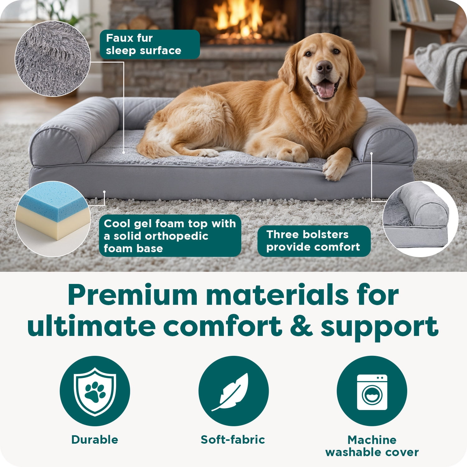 Furhaven Cooling Gel Dog Bed for Large Dogs w/ Removable Bolsters & Washable Cover, For Dogs Up to 95 lbs - Plush & Suede Sofa - Gray, Jumbo/XL