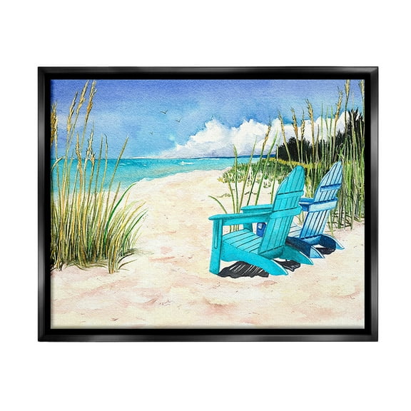 Stupell Industries Blue Beach Chairs Scene Landscape Painting Black Floater Framed Canvas Art Print Wall Art, 21 x 17