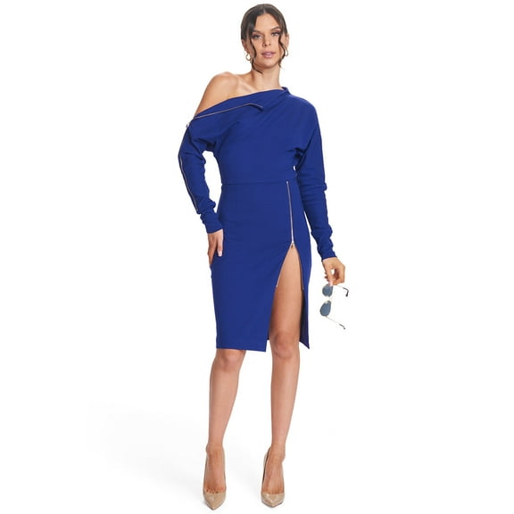 Josefa Asymmetric Dress - Women's Long sleeve convertible midi dress with gold zippers (Royal Blue)