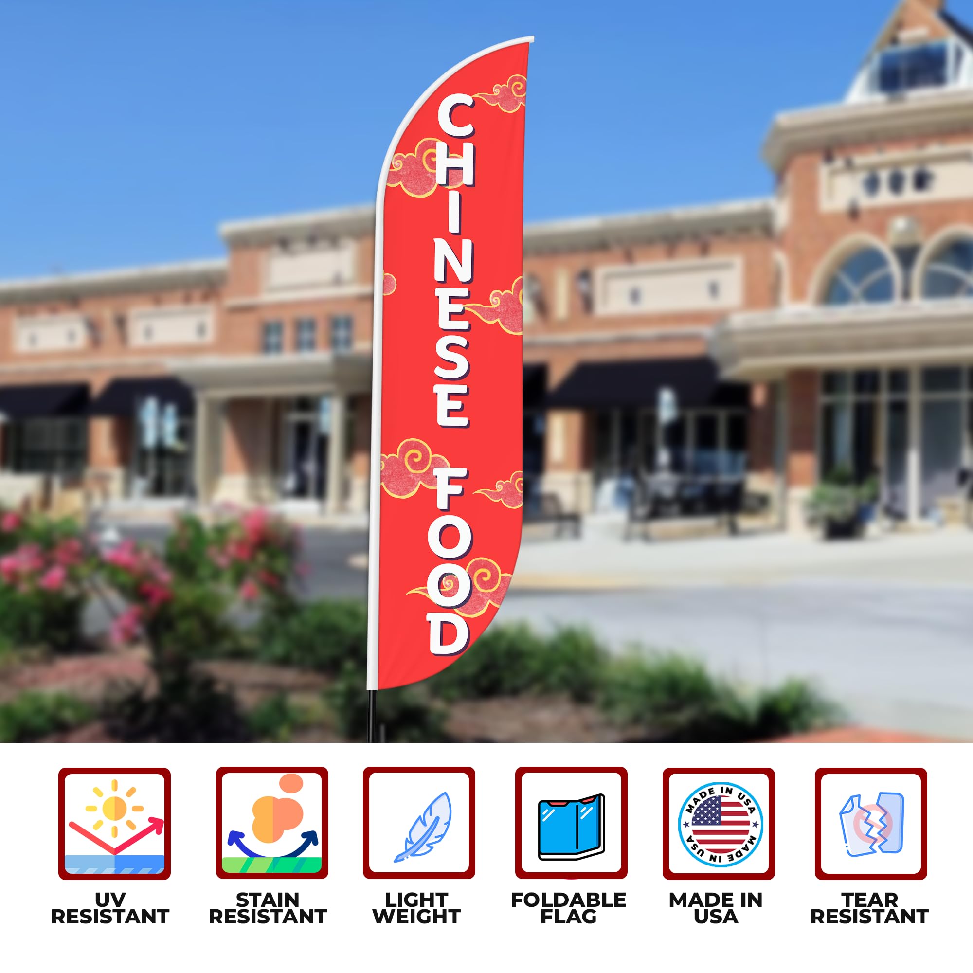 Chinese Food Sign feather flag Pole Mount for Outdoor by Mavis Print | 15 FEET Long Polyester Outdoor Banner Flag with Pole Kit for Easy Hang | HD Print Swooper Flag Pole Mount for Food Advertisin