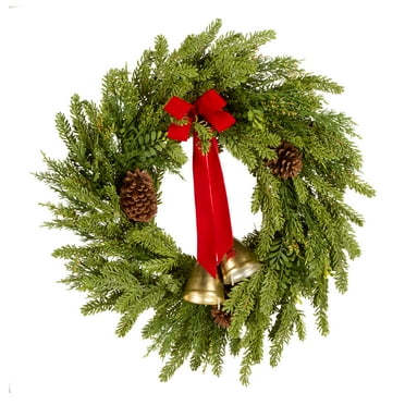 National Tree Company Artificial Christmas Wreath, Green, Bells Pine, Red Ribbon, Pinecones, Metal Bells, 28 Inch