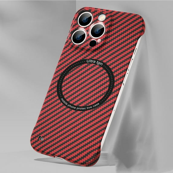 ELEHOLD Ultra Slim Carbon Fiber Wireless Charging Case for Apple iPhone 12 Pro Max 6.7 inch - Frameless PC Shockproof Bumper Case Support Magsafe Feature Case,Red