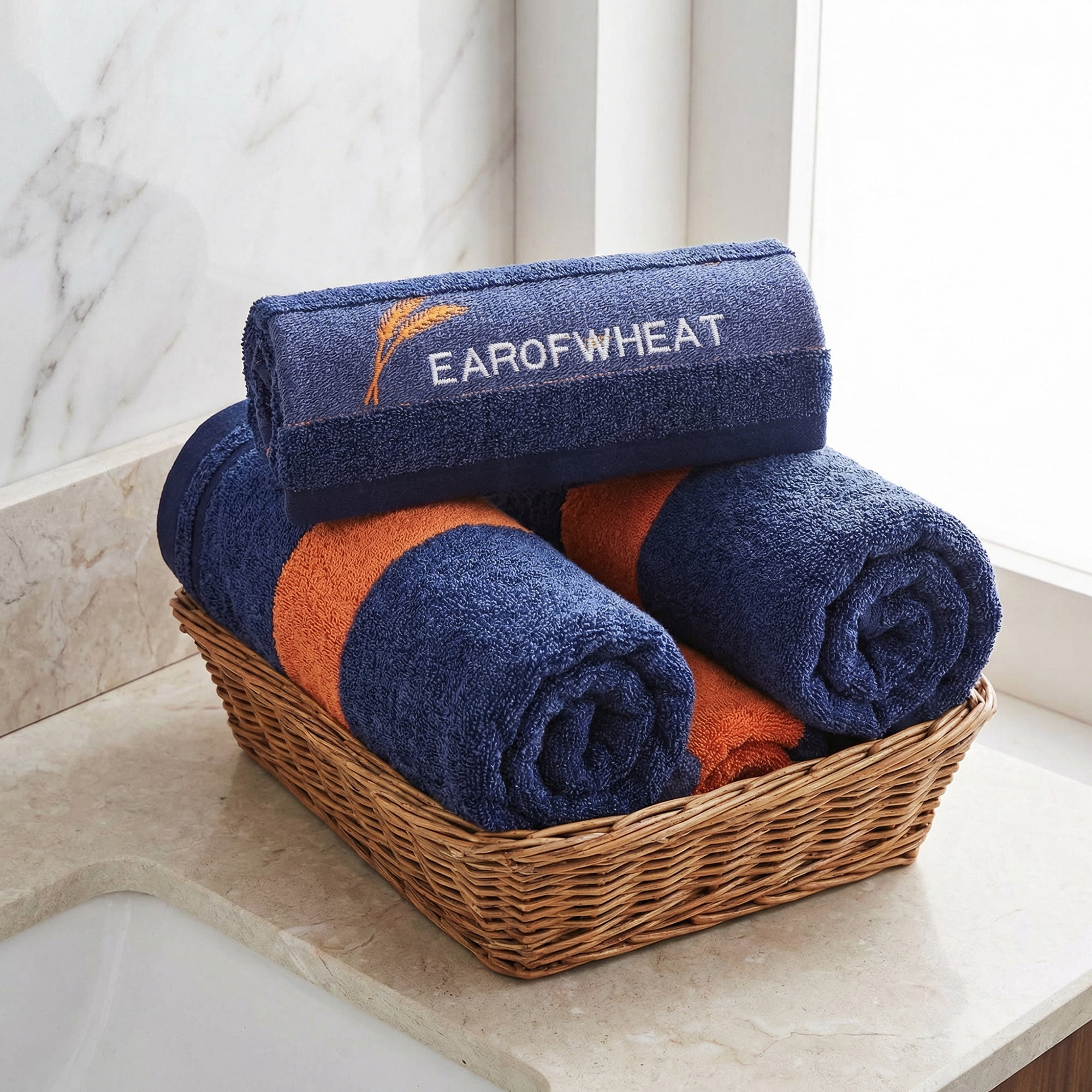 Unique Bargains Ear of Wheat Stripe Cotton Soft Absorbent Hand Towel Blue 4pcs 29" x 13"