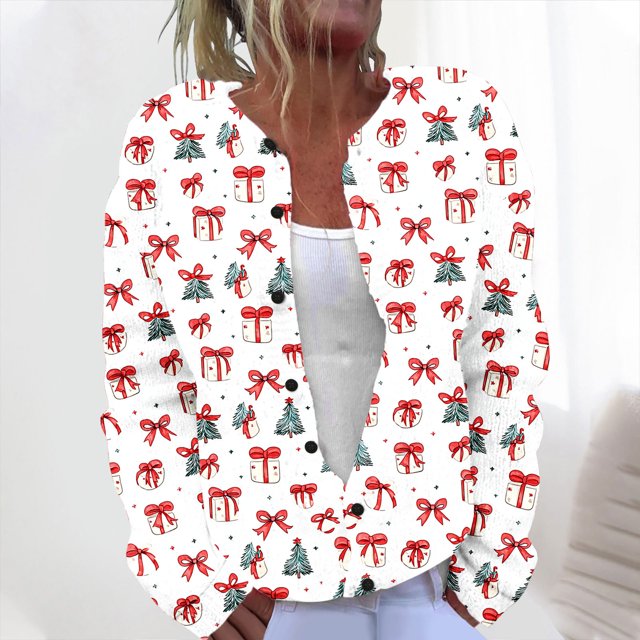 Cárdigan informal de punto con estampado navideño para mujer, chaqueta con botones y abrigo para mujer