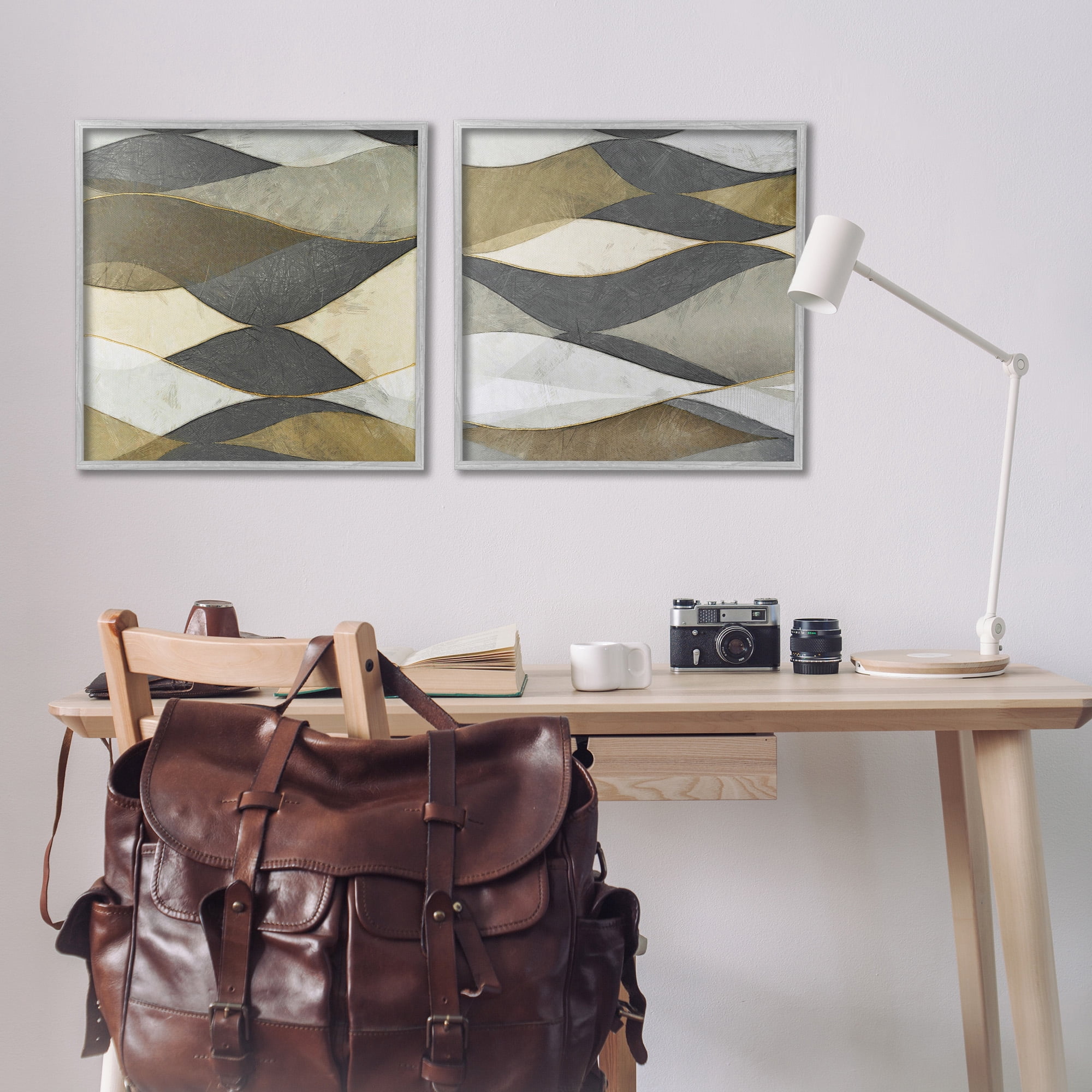 Stupell Industries Contemporary Layered Waves Abstract Painting Gray Framed Art Print Wall Art, 24 x 24, Set of 2