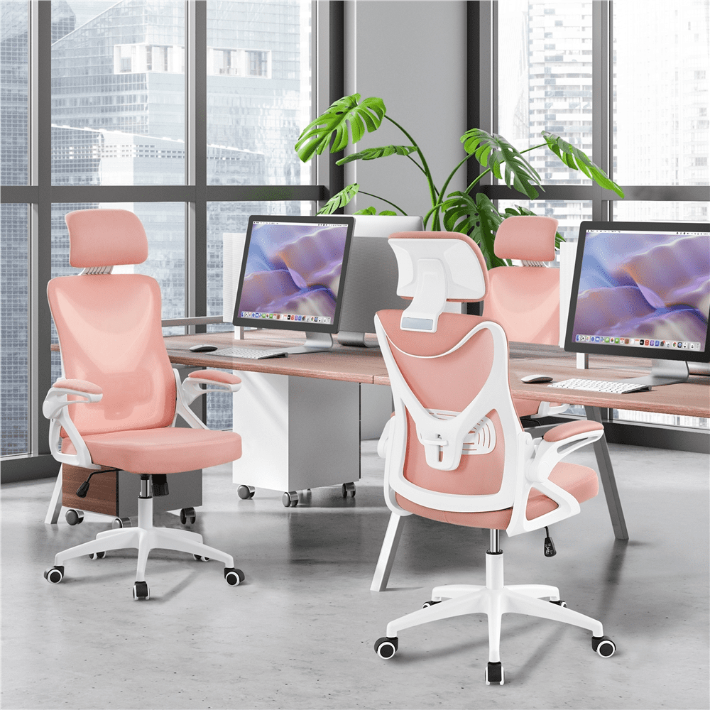 Alden Design Mesh Office Chair with Adjustable Padded Headrest Adult, White/Pink