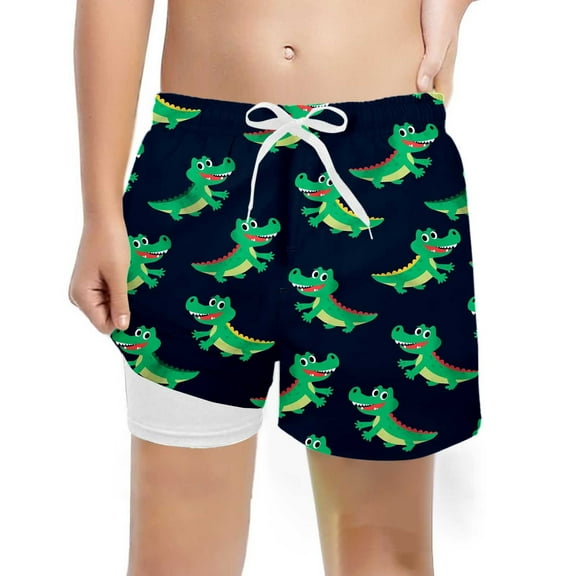 Boy Swim Trunks Kids Boys Summer Fashion Prints Swim Trunks Teen Stretch Swim Shorts with Compression Liner Bathing Suits for Teens Green 5 Years-6 Years
