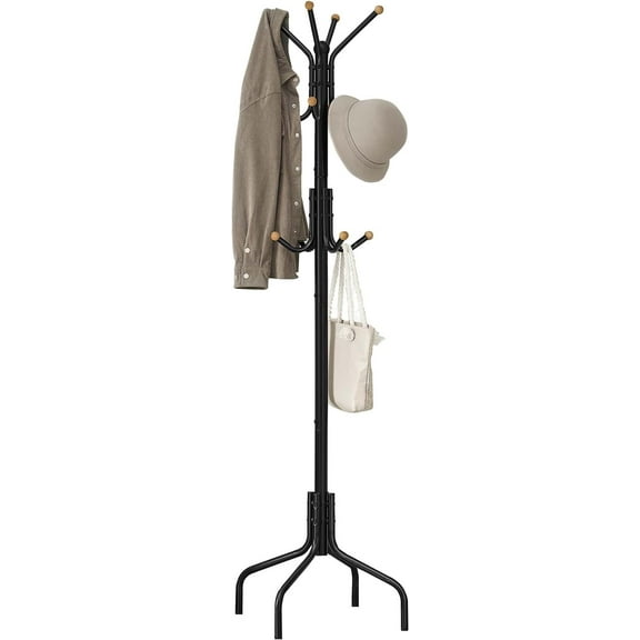 SONGMICS Perchero de Metal, Perchero de Pie, con 12 Ganchos y 4 Patas, Colgar Ropa, Sombrero y Bolso, Entrada, Salón, Dormitorio, Negro