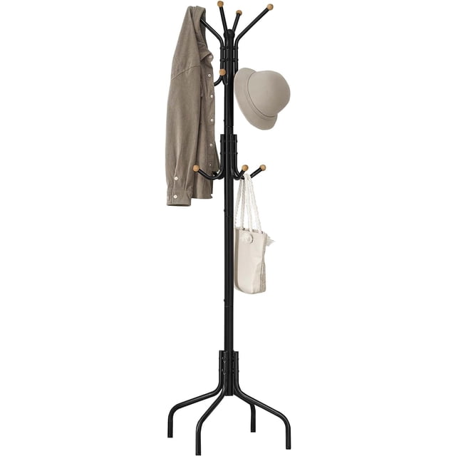 SONGMICS Perchero de Metal, Perchero de Pie, con 12 Ganchos y 4 Patas, Colgar Ropa, Sombrero y Bolso, Entrada, Salón, Dormitorio, Negro