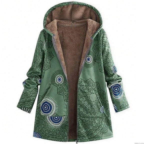 DeHolifer Women's Winter Coat Ethnic Style Patchwork Sherpa Fleece Lined Hooded Jacket Plus Size Fluffy Warm Outwear with Pockets Green M