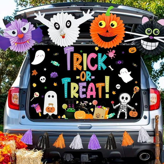 Halloween Trunk or Treat Car Decorations, Trick or Treat Backdrop Halloween Paper Fans Tassels for Halloween Car Archway Garage Decorations