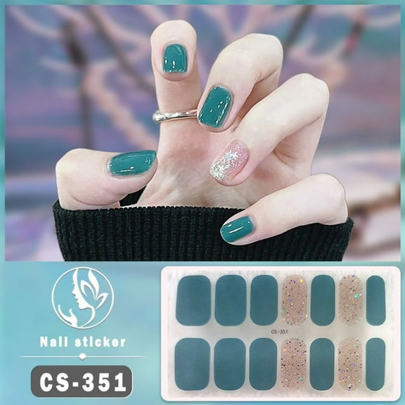 14Tips DIY NAil Art Making Simple Self-Adhesive Foil Glittering French Manicure Decal Gel Nail Polish Strips Gel Nail Stickers Gel Full Nail Wraps Nail Art Stickers DARK GREEN