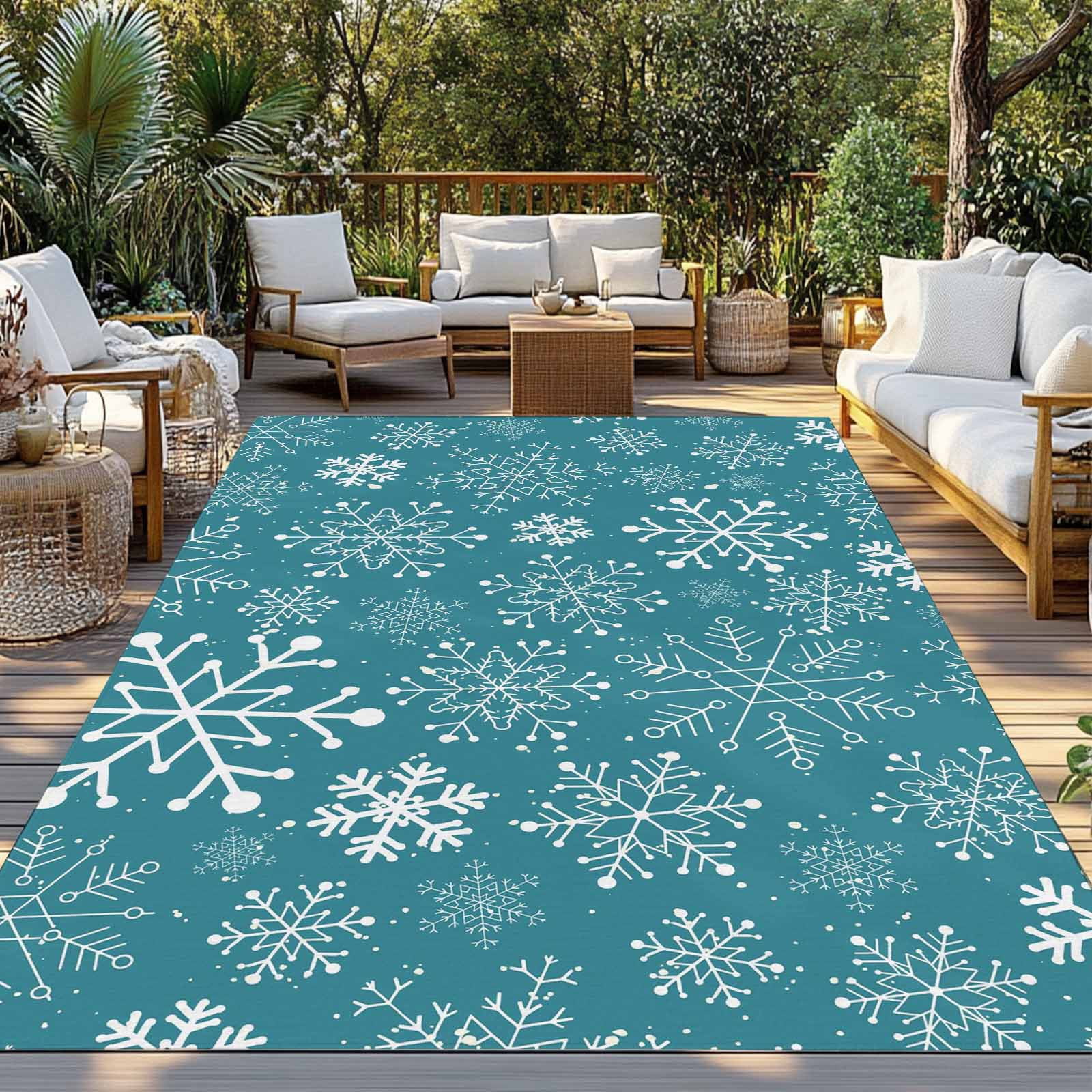 Fsddascl Teal Snowflake Christmas Outdoor Rug for Patio/Deck/Porch, Non-Slip Large Area Rug 5 x 8 Ft, Xmas Snowflake Indoor Outdoor Rugs Washable Area Rugs, Reversible Camping Rug Carpet Runner