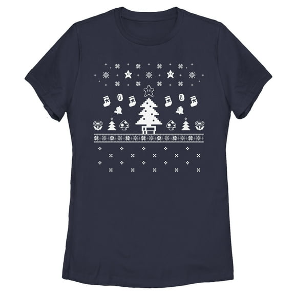 Women's Nintendo Ugly Christmas Tree Super Mario  Graphic Tee Navy Blue Small