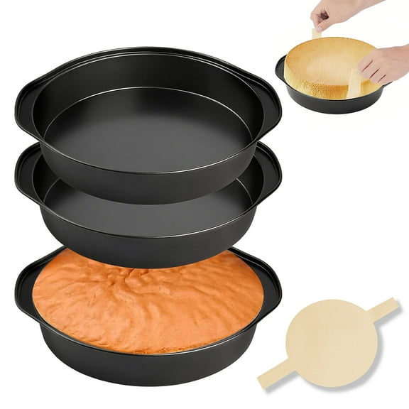 Godance 8-Inch Round Cake Pan Set of 3, Nonstick Baking Cake Pans with 100 Pieces Pre-cut Parchment Paper, Carbon Steel Cake Baking Pans with Handle, Circle Cake Pans Sets for Baking, Dishwasher Safe
