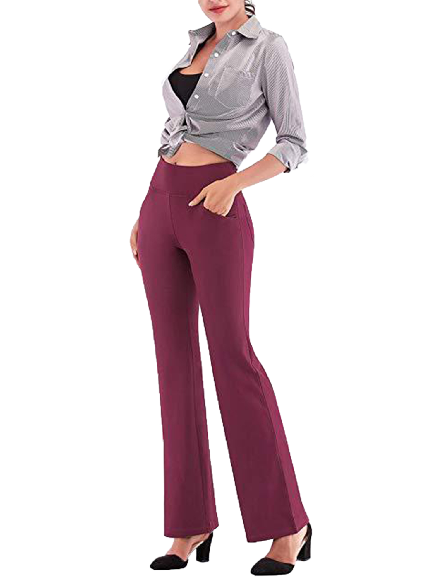 Bootcut Workout Leggings Pants with Pocket Women Ladies Casual Flare Dress Pants Plus Size High Waist Stretch Excises Trousers Activewear - image 4 of 6
