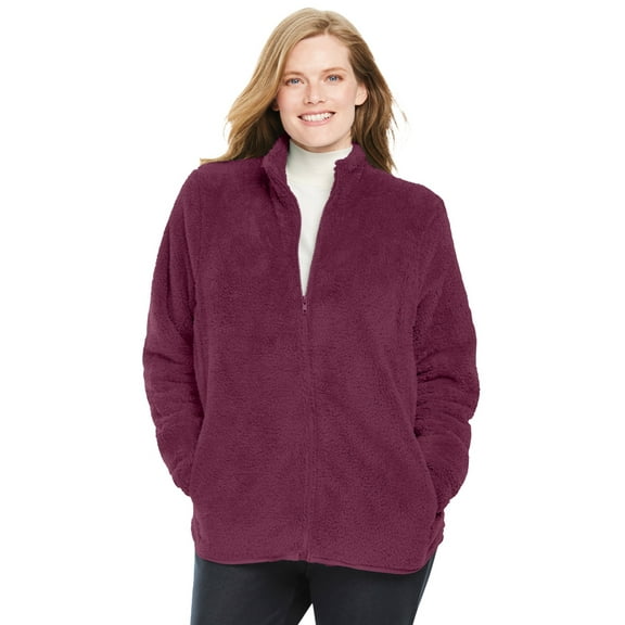 Woman Within Plus Size Fluffy Fleece Jacket Oversized Zip-Up Jacket