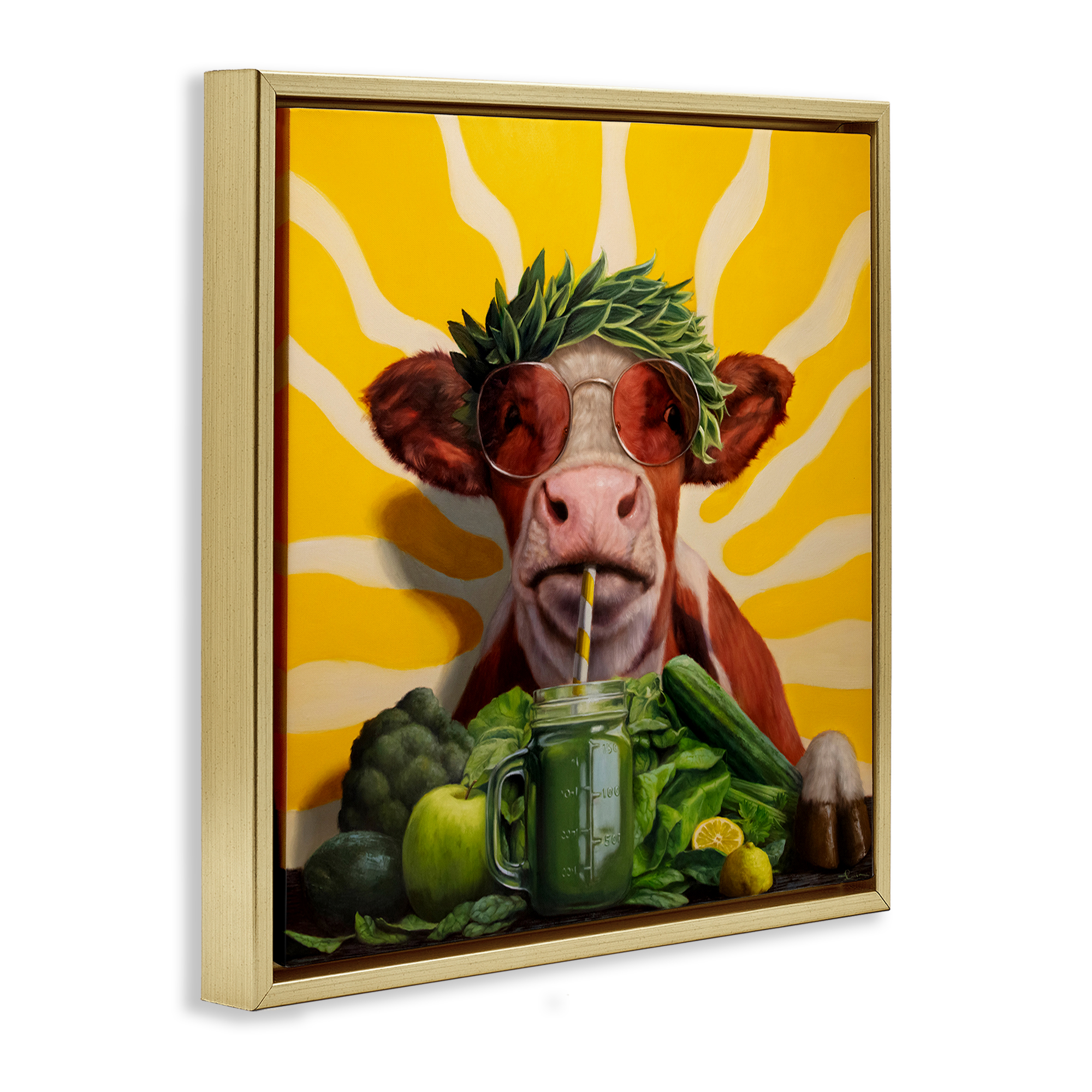 Stupell Industries Cow with Healthy Smoothie Food & Beverage Painting Gold Floater Framed Canvas Art Print Wall Art, 25 x 25