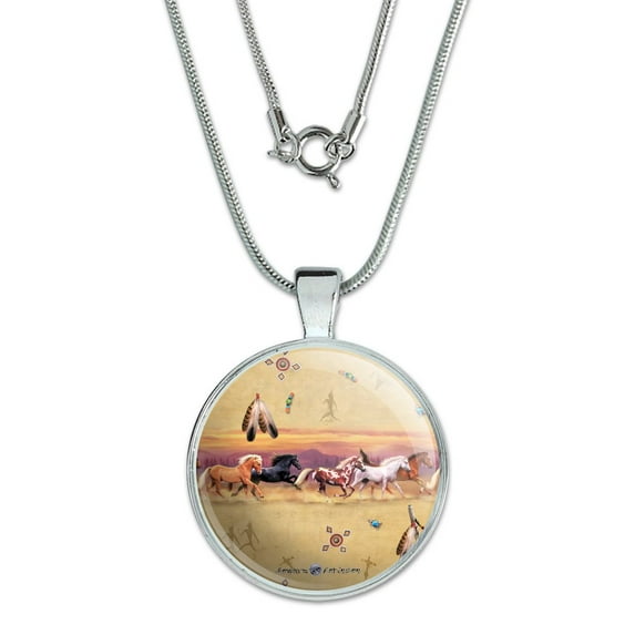 Palamino Horses Running Border Pattern 1" Pendant with Sterling Silver Plated Chain