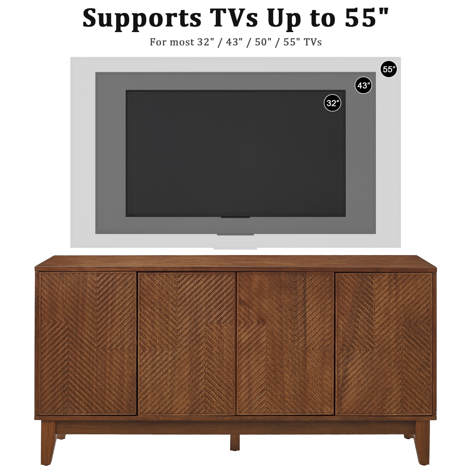 56-Inch Mid-Century TV Stand with Carved Geometric Doors and Adjustable Shelves, Wood Media Console and Entertainment Center, Walnut