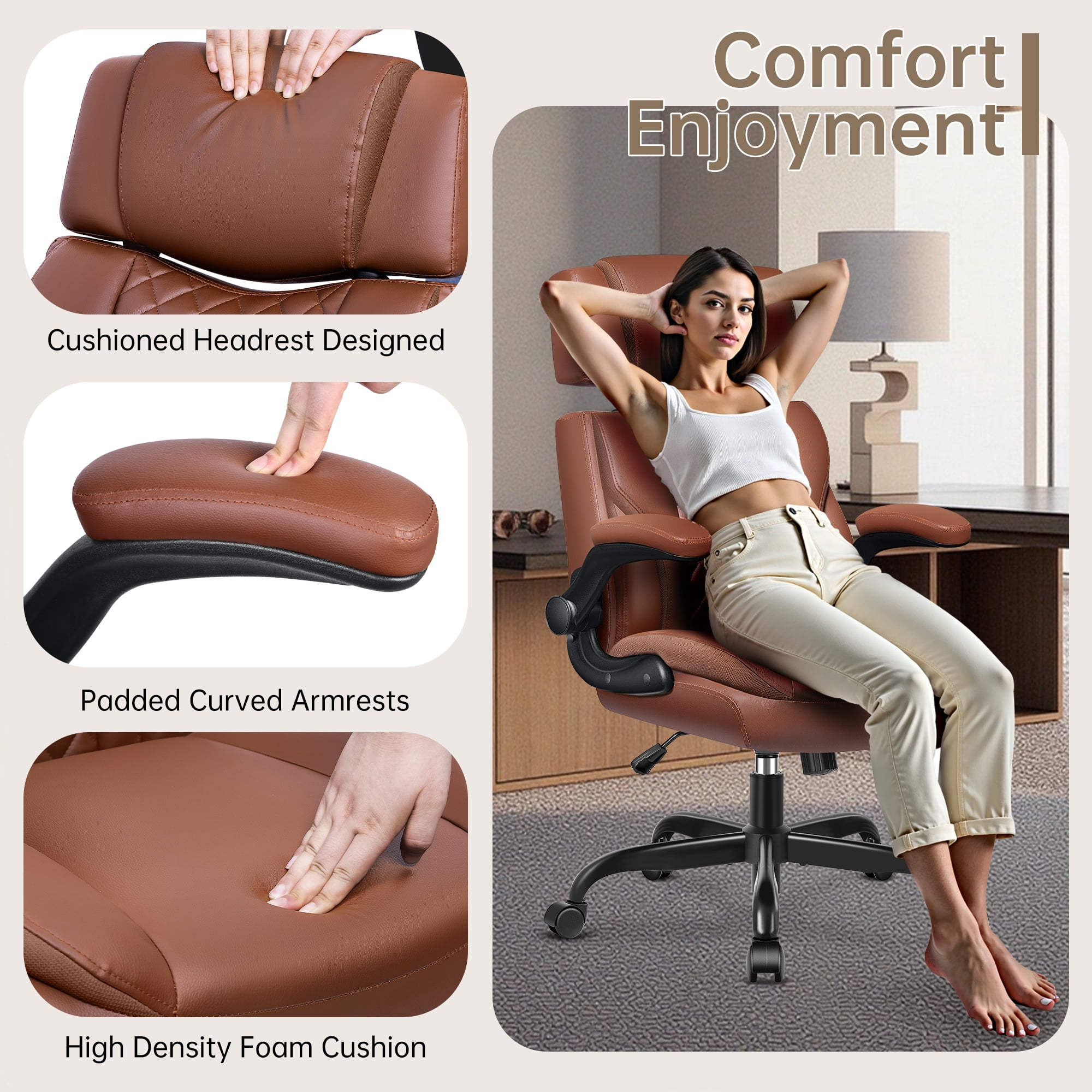 FASTES Leather Office Chair, Executive Desk Chair with Flip Up Arms, Ergonomic Computer Desk Chairs Home Office Chair with Adjustable Headrest and Rocking Function, Brown
