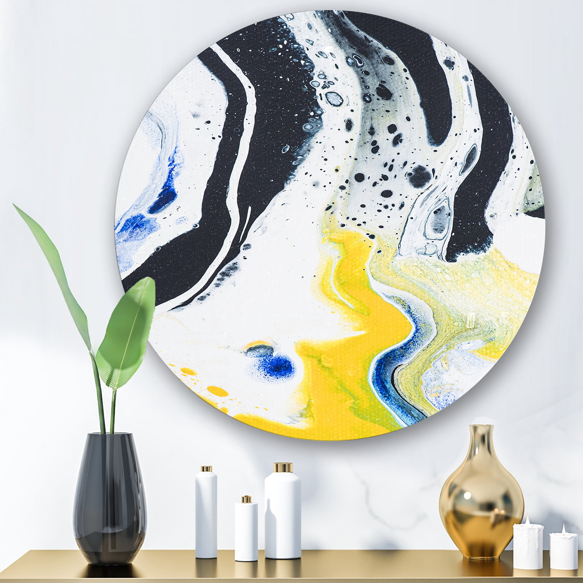 Designart 'Abstract Marble Composition In Blue and Yellow IV' Modern Circle Metal Wall Art 11x11 - Disc of 11