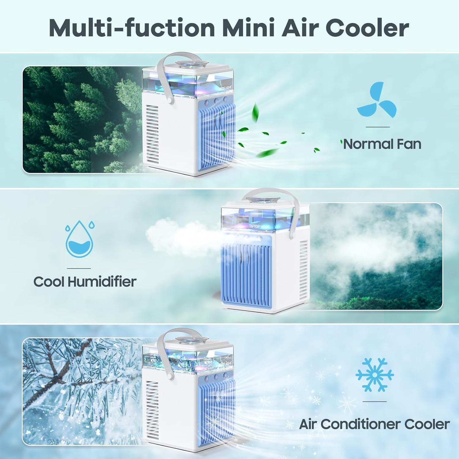 Tiptop Home Portable Air Conditioners Fan, 4 in 1 Rechargeable 3-Speed for Office Room Tent Outdoor, Blue