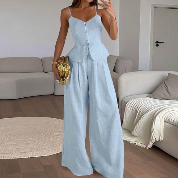 Women's Halter Vest and Wide Leg Pants Set, Tie Front Sleeveless Two Piece Outfit