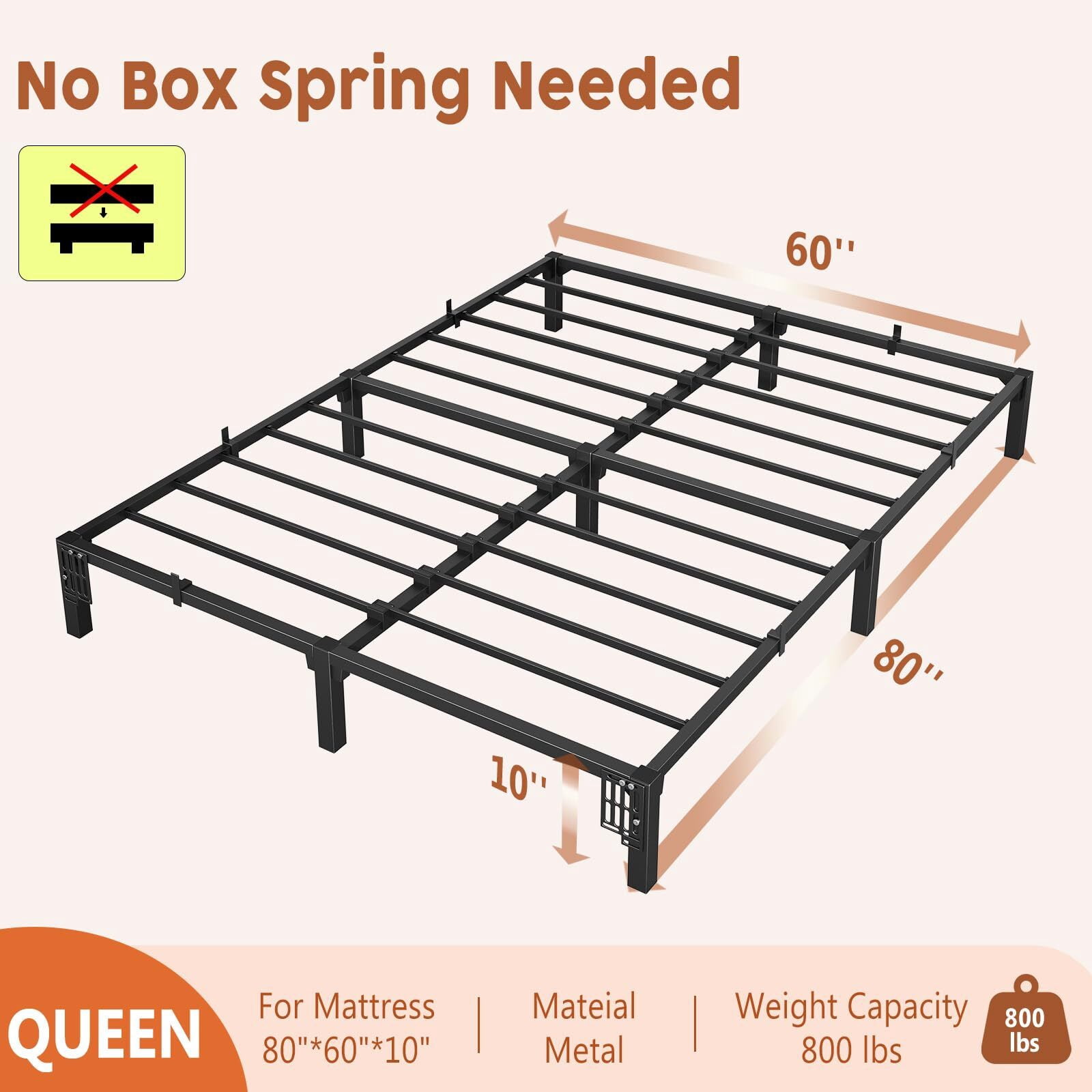 Jojoka Queen Size Metal Bed Frame 10 Inch High, Heavy Duty Platform with 800 lbs Support, No Box Spring, Easy Tool-Free Assembly, Noise-Free Design
