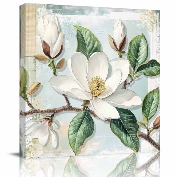 Wall Art Prints, Country Flowers Framed Canvas Prints for Bedroom Living Room Bathroom Office, Spring Botanical Magnolia Branches Gallery Wrap Wall Art Poster for Gifts Home Decor 24"x24"