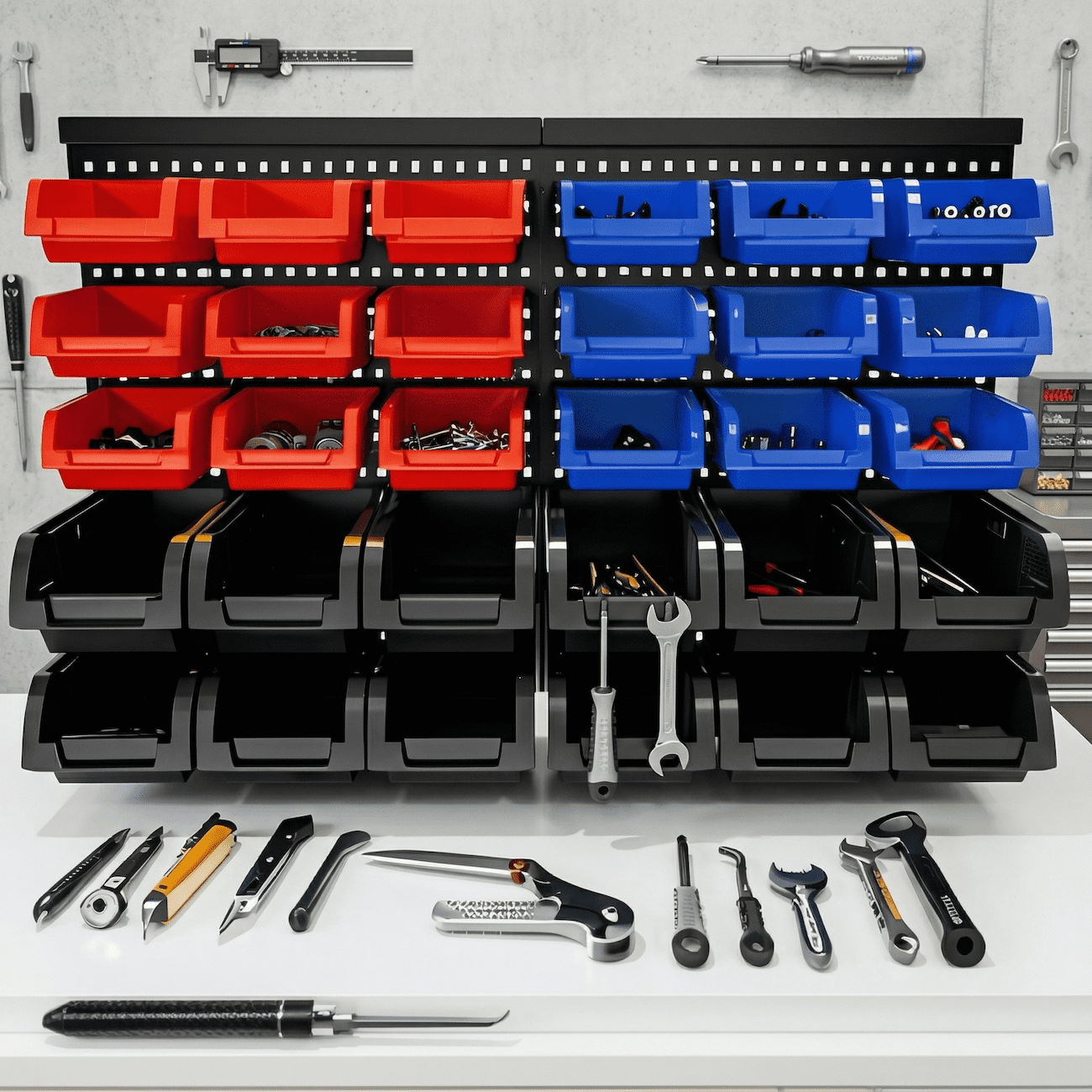 Howcool 30PCS Wall Mounted Storage Bins, Garage Pegboard Organizer System, Small Parts Storage Bins for Screws, Nuts & Bolts, Tool Organizer for Workshop Garage (Red Blue Black)