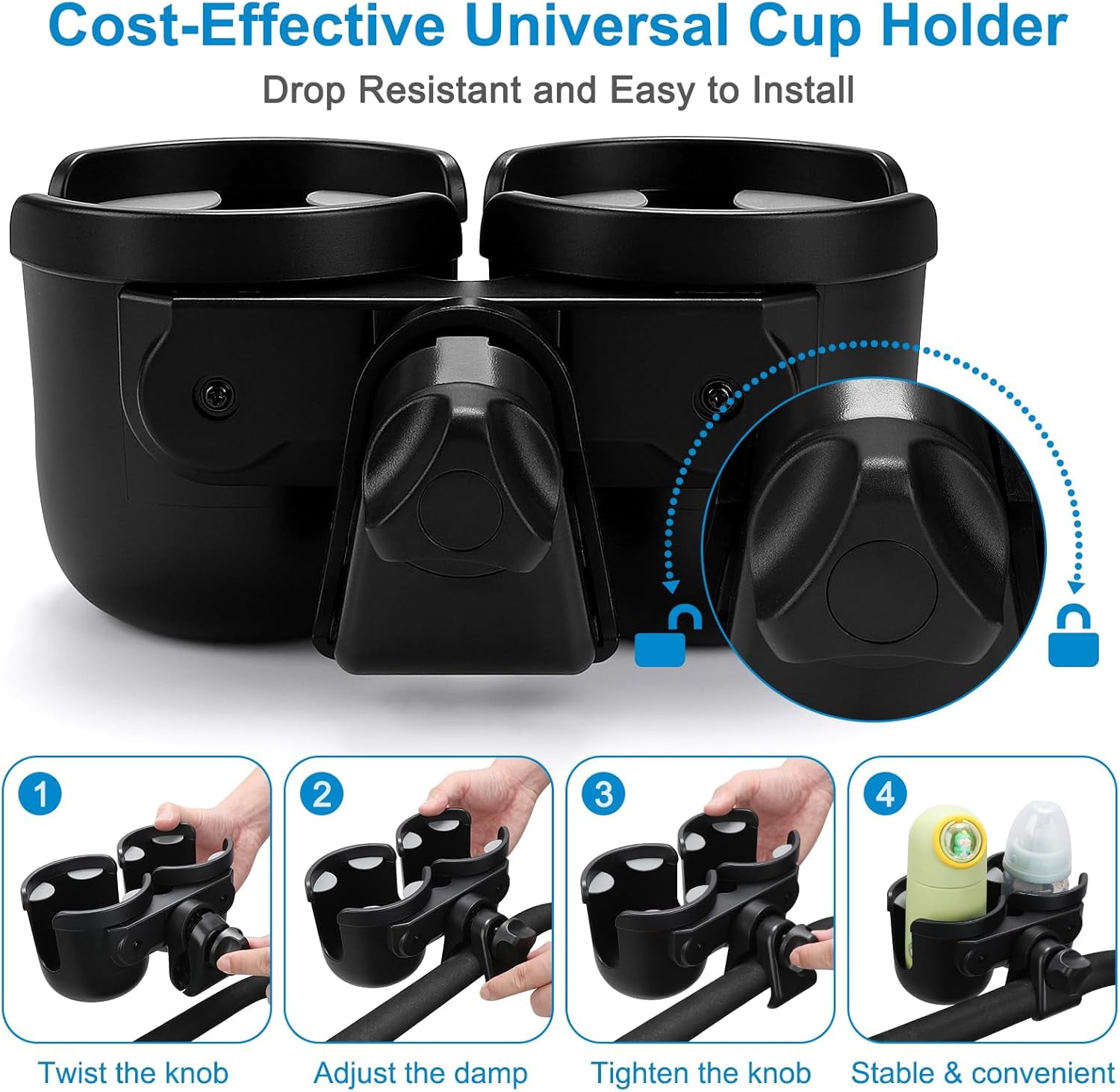 Stroller Cup Holder, Bike Cup Holder, Universal Cup Holder for Uppababy Nuna Doona Strollers, 2-in-1 Cup Phone Holder for Walker Wheelchair Scooter Accessory