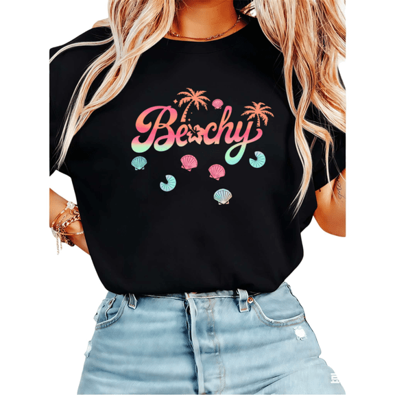 Women Beachy Pink Teal Gradient Shell Palm Tree Graphic Tees T-Shirt Tops Round Neck Cotton T-Shirt Black S-5XL