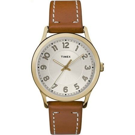 Timex Women's New England Silver-Tone Dial Watch, Brown Leather Strap