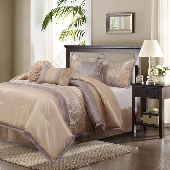 Nanshing Riley 7 Piece Glam Floral Comforter Set, Sand, King